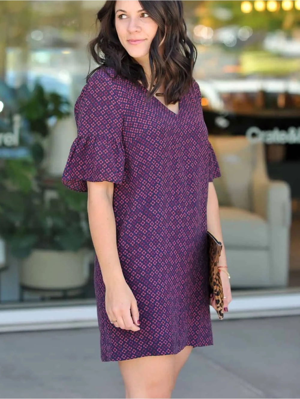 Madewell Purple Patterned silk V-Neck Ruffle Sleeve Mini Dress
